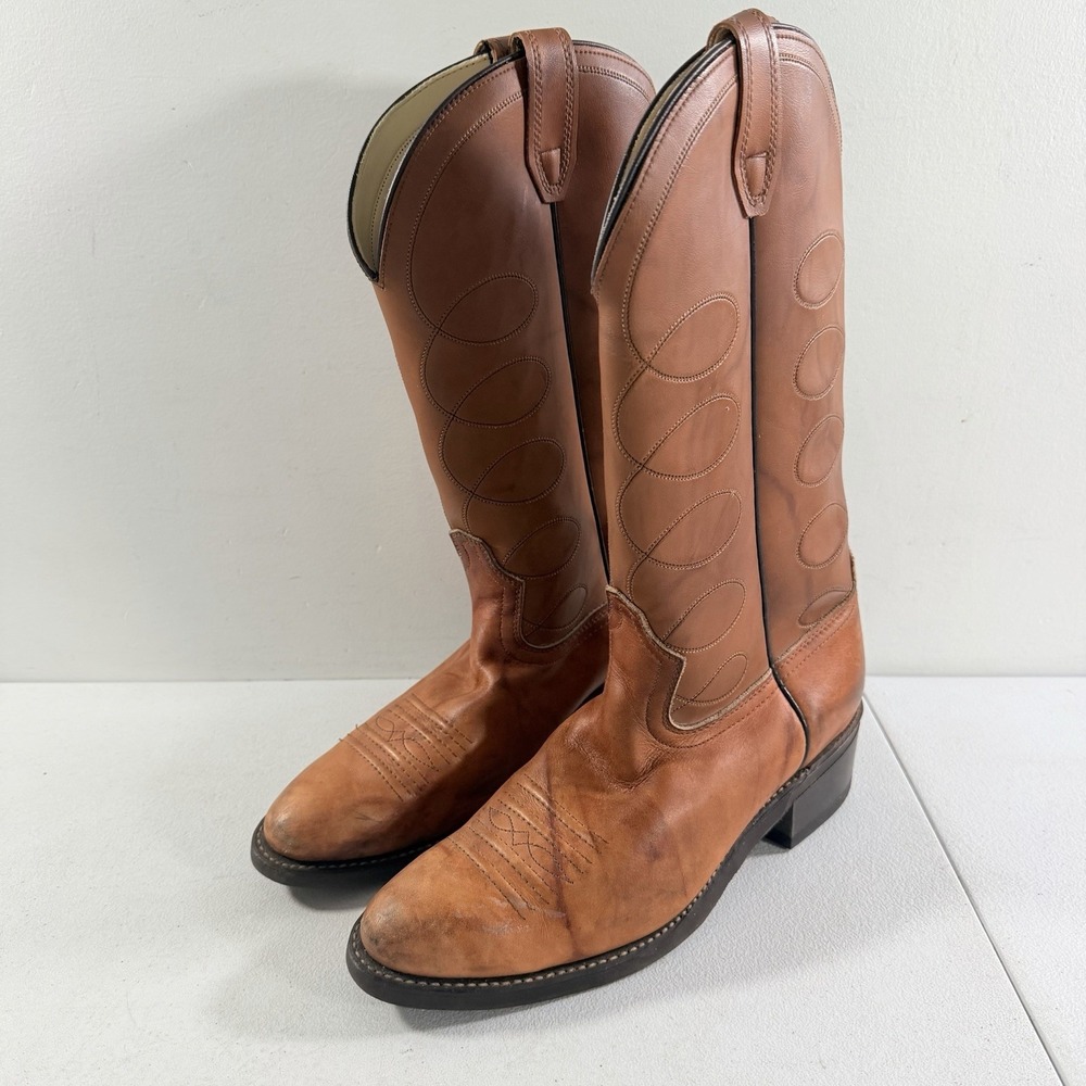 Vintage Acme Dingo Brown Leather Cowboy Boots Embroidered 4689 Mens 9 D USA